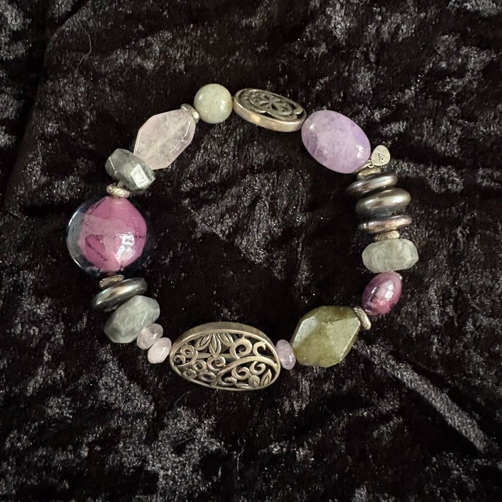 Silpada “Canyon” Sterling Silver Amethyst Feldspar Pearl Stretch Bracelet, B2085